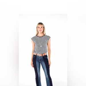 SOLD***Sold Out 2023 High Low Crops, Blue Ribbon two-toned jeans.